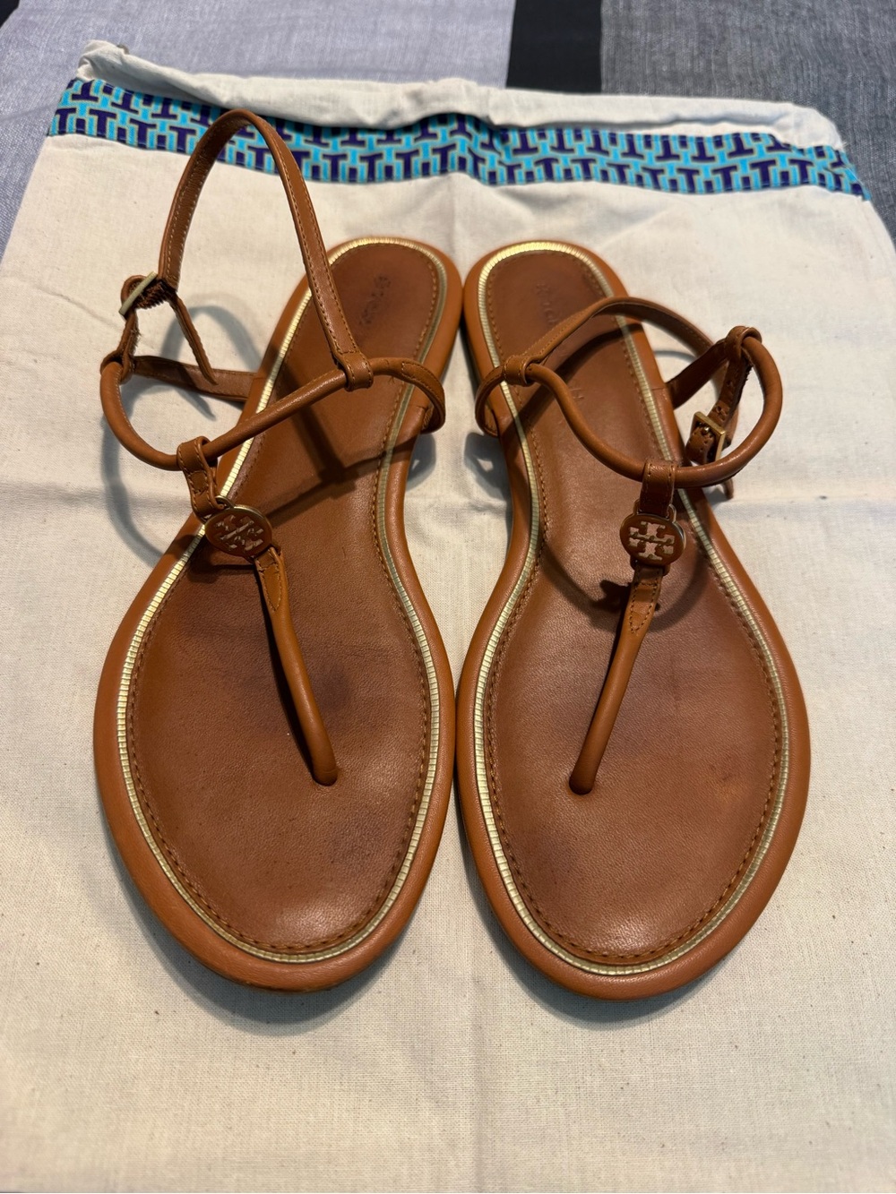 Tory Burch Tan Leather T-Strap Sandals with Gold Trim